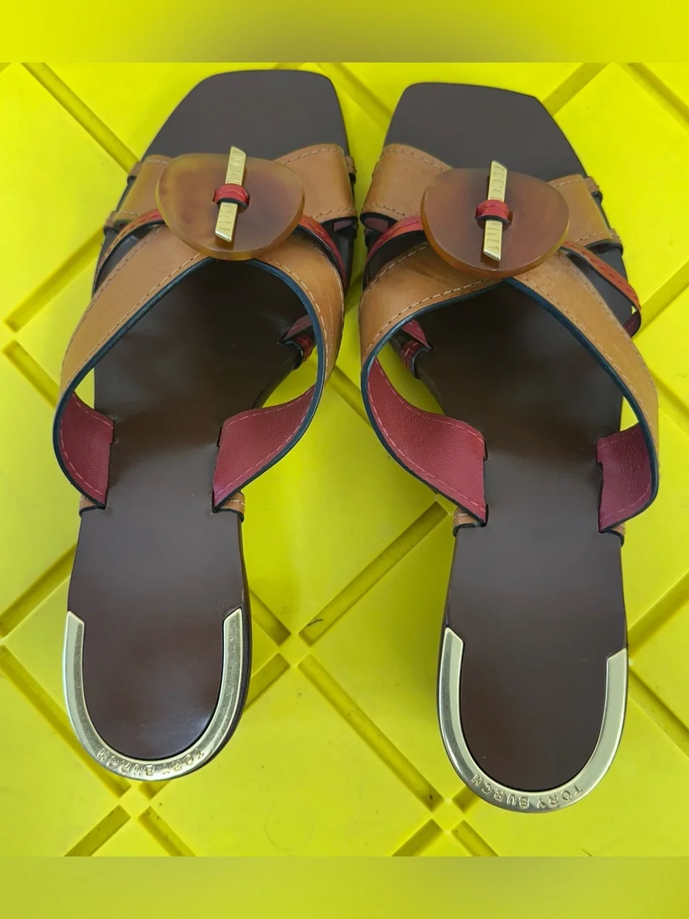 Tory Burch KNOTTED HEELED MULES SANDAL Elba Camello Red Size 8.5 Women’s